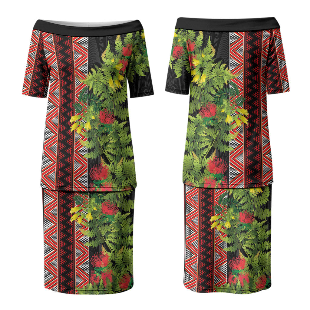 Maori Tukutuku Couples Matching Puletasi and Long Sleeve Button Shirt with Ferns Pohutukawa and Kowhai Tribal Moko Patterns