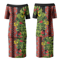 Maori Tukutuku Couples Matching Puletasi and Long Sleeve Button Shirt with Ferns Pohutukawa and Kowhai Tribal Moko Patterns