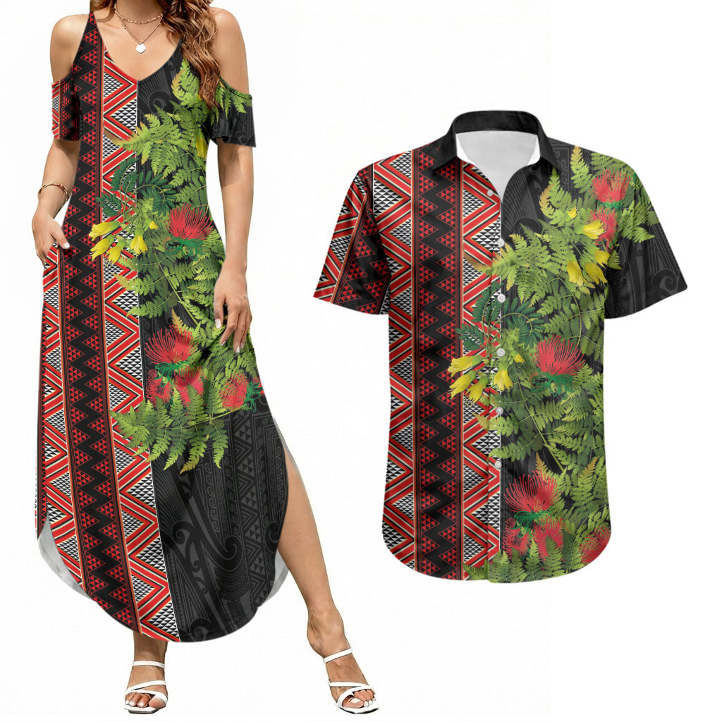 Maori Tukutuku Couples Matching Summer Maxi Dress and Hawaiian Shirt with Ferns Pohutukawa and Kowhai Tribal Moko Patterns