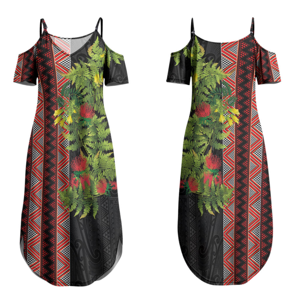 Maori Tukutuku Couples Matching Summer Maxi Dress and Long Sleeve Button Shirt with Ferns Pohutukawa and Kowhai Tribal Moko Patterns