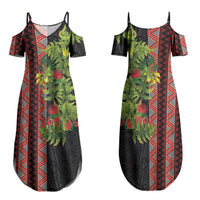 Maori Tukutuku Couples Matching Summer Maxi Dress and Long Sleeve Button Shirt with Ferns Pohutukawa and Kowhai Tribal Moko Patterns