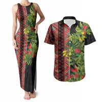 Maori Tukutuku Couples Matching Tank Maxi Dress and Hawaiian Shirt with Ferns Pohutukawa and Kowhai Tribal Moko Patterns