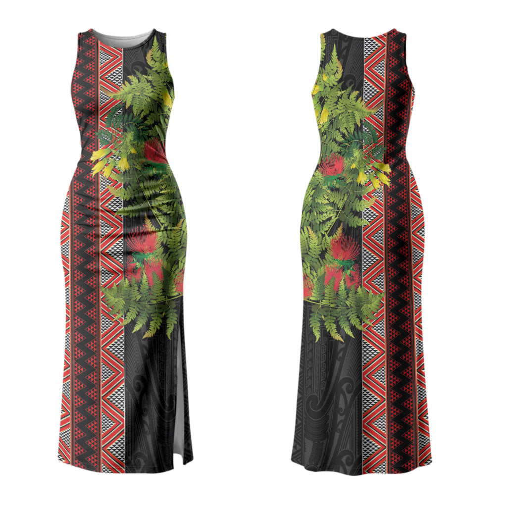 Maori Tukutuku Couples Matching Tank Maxi Dress and Hawaiian Shirt with Ferns Pohutukawa and Kowhai Tribal Moko Patterns