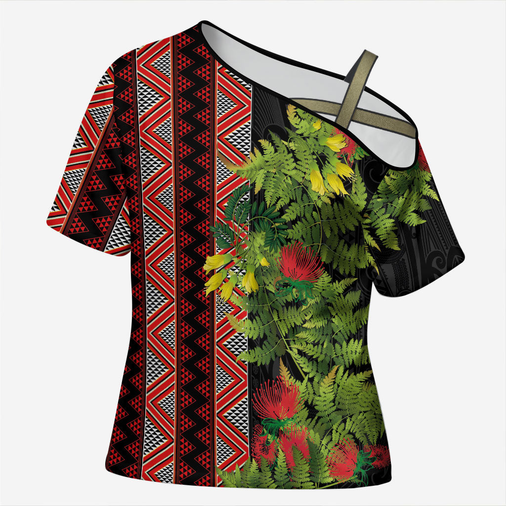 Maori Tukutuku Cross Shoulder Shirt with Ferns Pohutukawa and Kowhai Tribal Moko Patterns