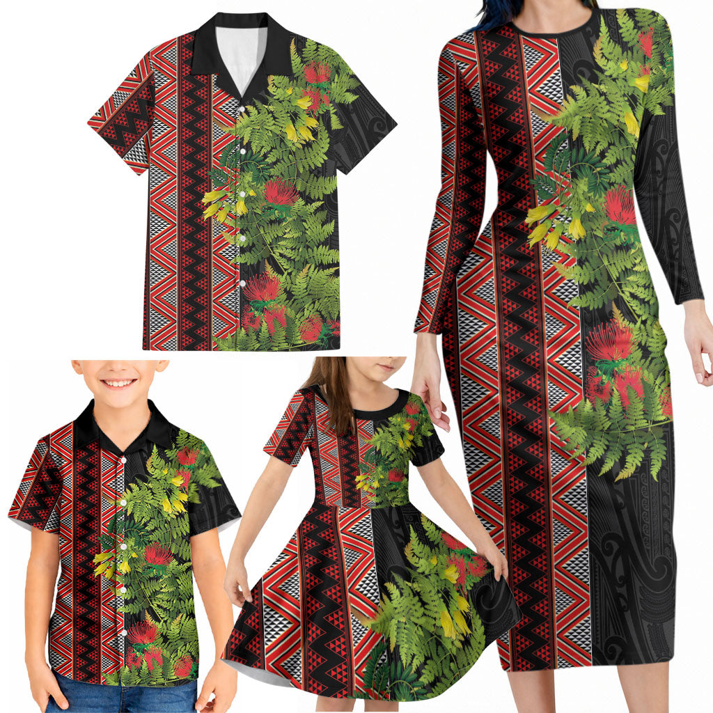Maori Tukutuku Family Matching Long Sleeve Bodycon Dress and Hawaiian Shirt with Ferns Pohutukawa and Kowhai Tribal Moko Patterns LT03 - Polynesian Pride