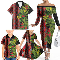 Maori Tukutuku Family Matching Off The Shoulder Long Sleeve Dress and Hawaiian Shirt with Ferns Pohutukawa and Kowhai Tribal Moko Patterns