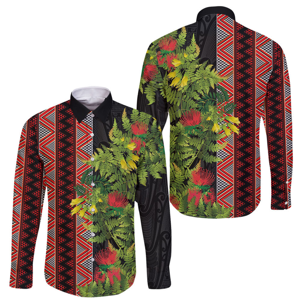 Maori Tukutuku Family Matching Off The Shoulder Long Sleeve Dress and Hawaiian Shirt with Ferns Pohutukawa and Kowhai Tribal Moko Patterns