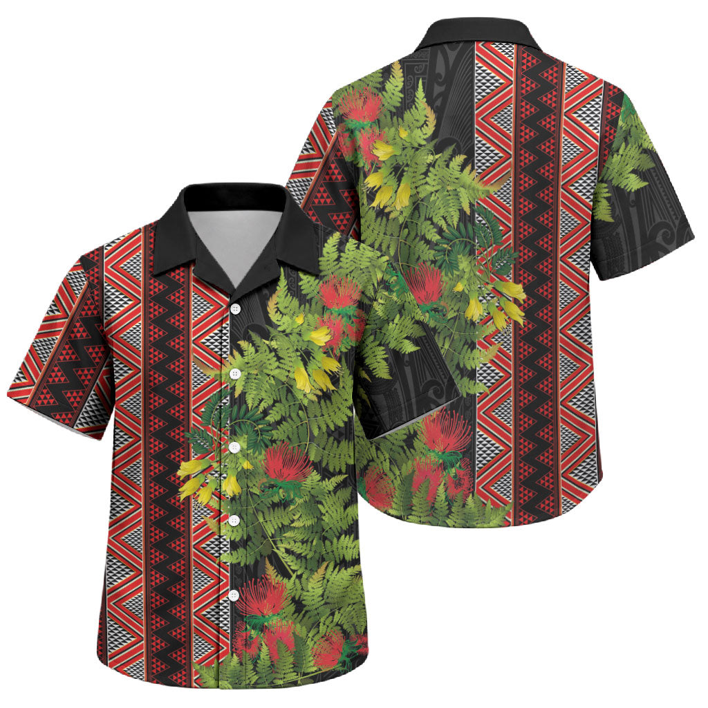 Maori Tukutuku Family Matching Off The Shoulder Long Sleeve Dress and Hawaiian Shirt with Ferns Pohutukawa and Kowhai Tribal Moko Patterns