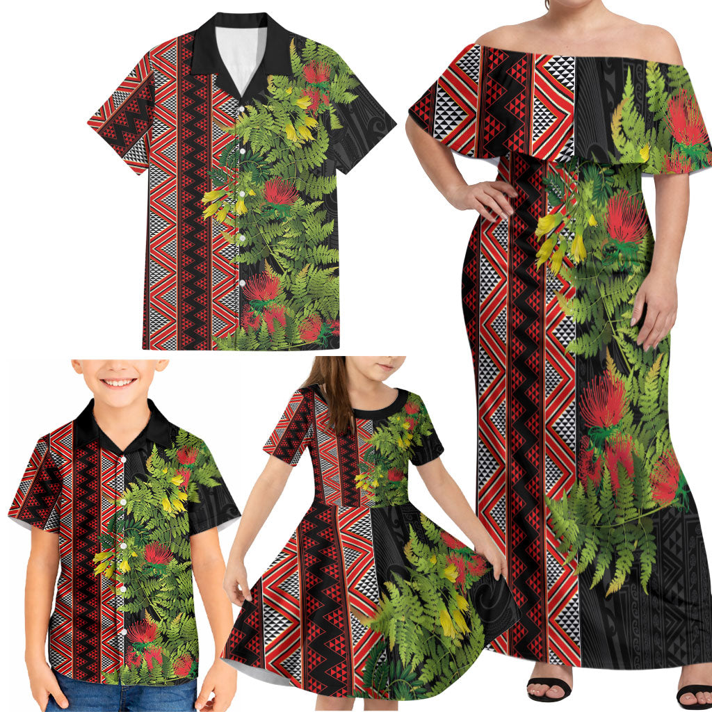 Maori Tukutuku Family Matching Off Shoulder Maxi Dress and Hawaiian Shirt with Ferns Pohutukawa and Kowhai Tribal Moko Patterns LT03 - Polynesian Pride
