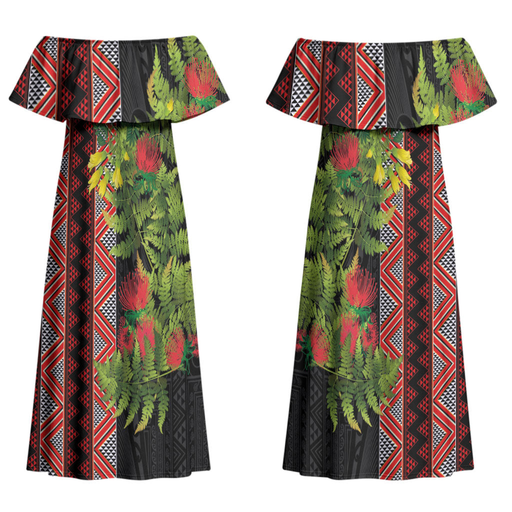 Maori Tukutuku Family Matching Off Shoulder Maxi Dress and Hawaiian Shirt with Ferns Pohutukawa and Kowhai Tribal Moko Patterns