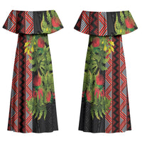 Maori Tukutuku Family Matching Off Shoulder Maxi Dress and Hawaiian Shirt with Ferns Pohutukawa and Kowhai Tribal Moko Patterns