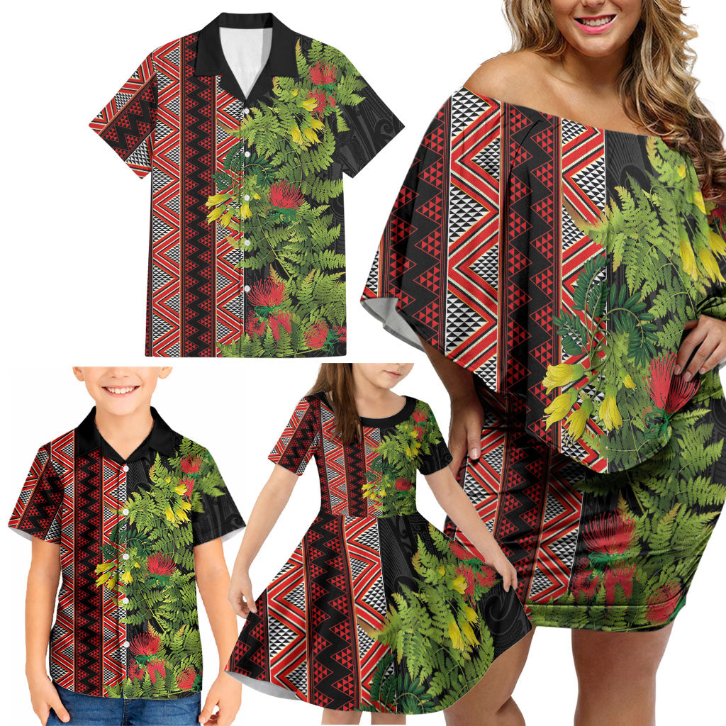 Maori Tukutuku Family Matching Off Shoulder Short Dress and Hawaiian Shirt with Ferns Pohutukawa and Kowhai Tribal Moko Patterns LT03 - Polynesian Pride