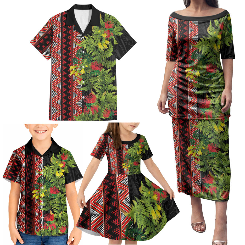 Maori Tukutuku Family Matching Puletasi and Hawaiian Shirt with Ferns Pohutukawa and Kowhai Tribal Moko Patterns LT03 - Polynesian Pride