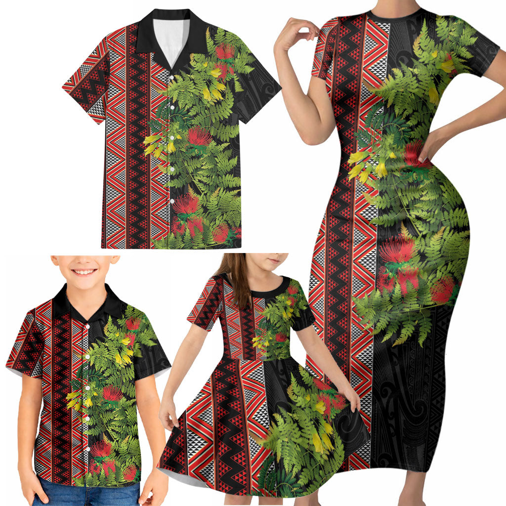 Maori Tukutuku Family Matching Short Sleeve Bodycon Dress and Hawaiian Shirt with Ferns Pohutukawa and Kowhai Tribal Moko Patterns LT03 - Polynesian Pride