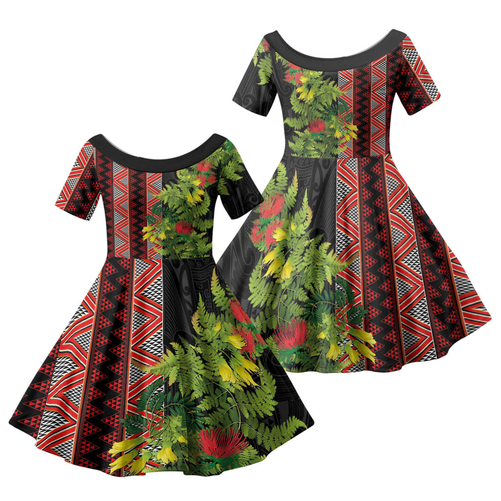 Maori Tukutuku Family Matching Short Sleeve Bodycon Dress and Hawaiian Shirt with Ferns Pohutukawa and Kowhai Tribal Moko Patterns