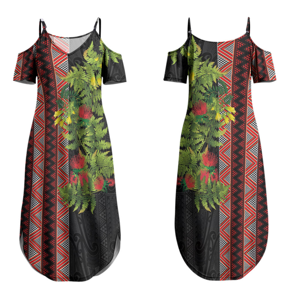 Maori Tukutuku Family Matching Summer Maxi Dress and Hawaiian Shirt with Ferns Pohutukawa and Kowhai Tribal Moko Patterns