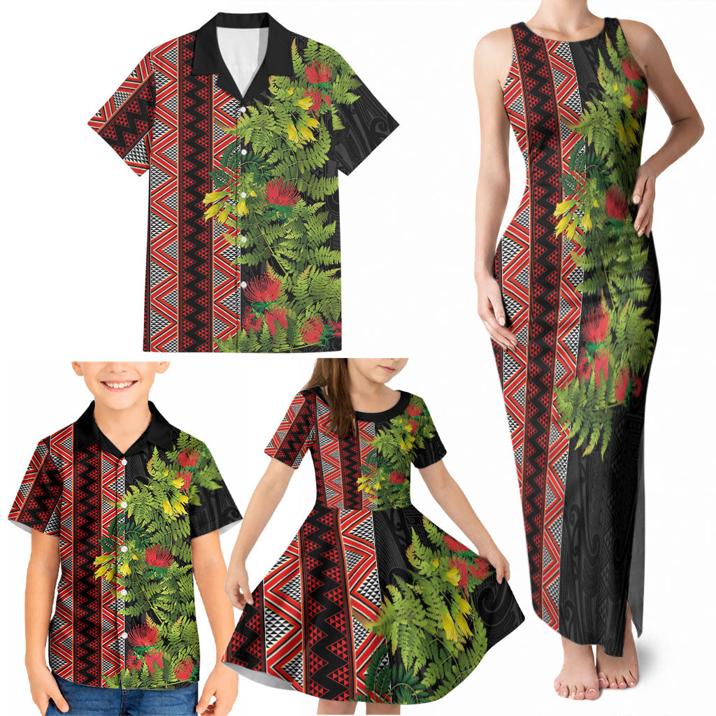 Maori Tukutuku Family Matching Tank Maxi Dress and Hawaiian Shirt with Ferns Pohutukawa and Kowhai Tribal Moko Patterns LT03 - Polynesian Pride