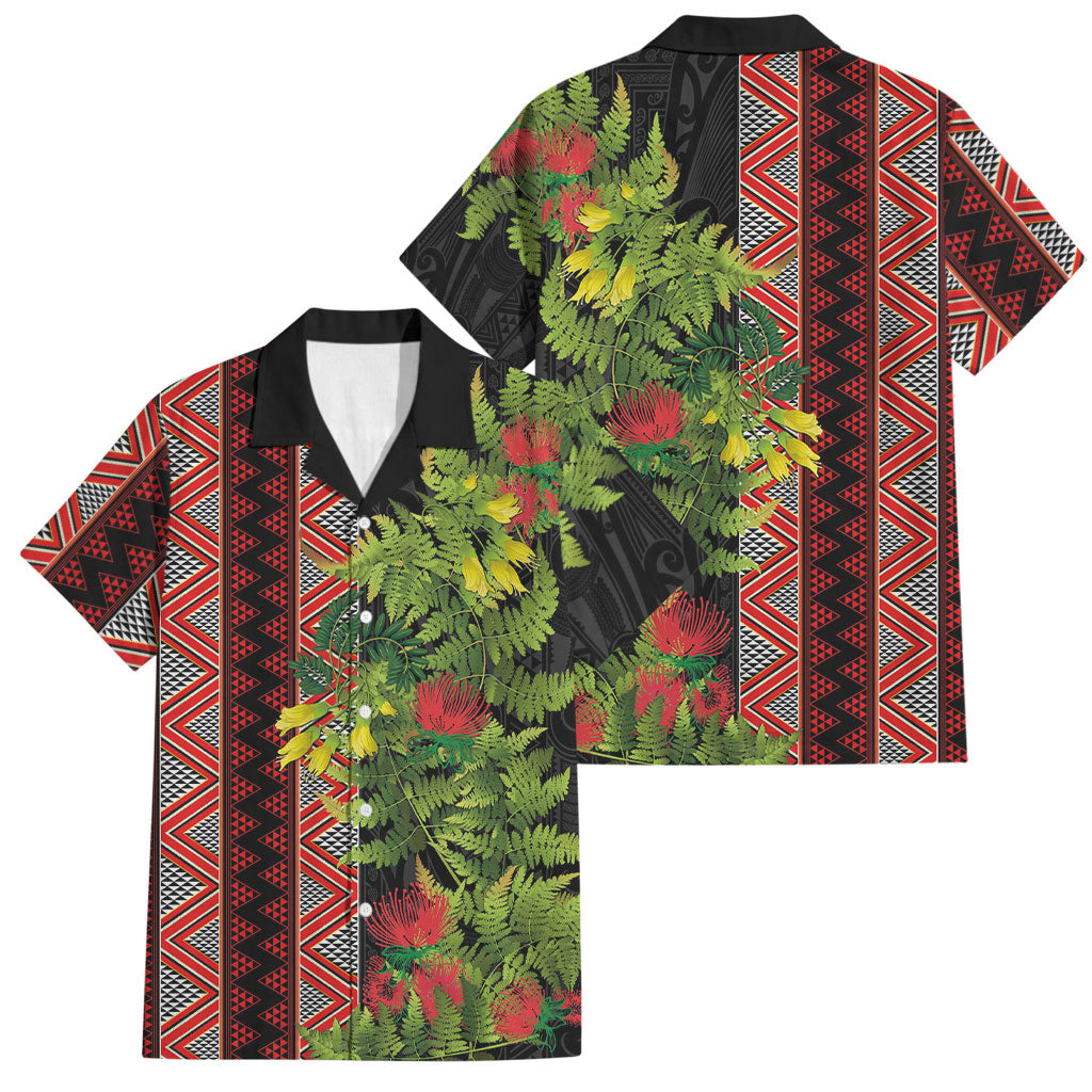 Maori Tukutuku Family Matching Tank Maxi Dress and Hawaiian Shirt with Ferns Pohutukawa and Kowhai Tribal Moko Patterns