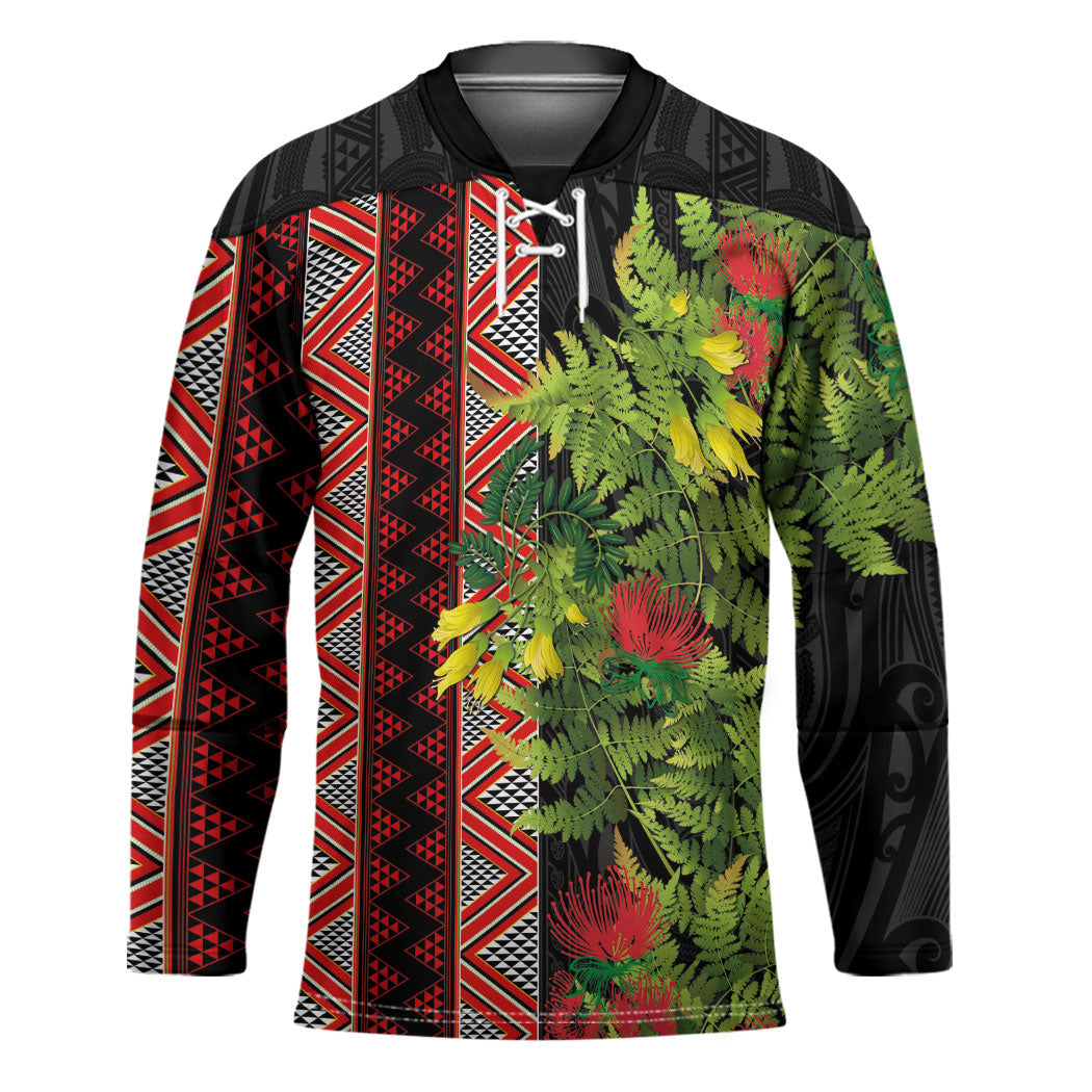 Maori Tukutuku Hockey Jersey with Ferns Pohutukawa and Kowhai Tribal Moko Patterns
