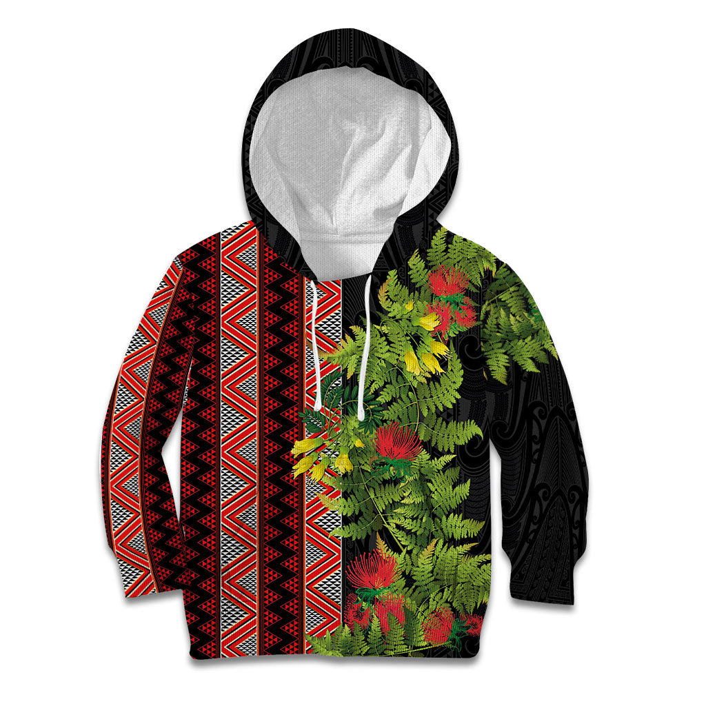 Maori Tukutuku Kid Hoodie with Ferns Pohutukawa and Kowhai Tribal Moko Patterns