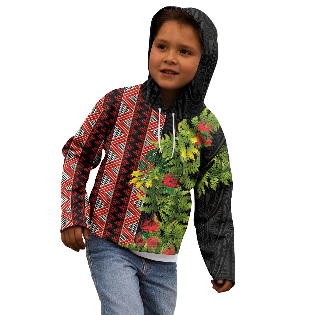 Maori Tukutuku Kid Hoodie with Ferns Pohutukawa and Kowhai Tribal Moko Patterns