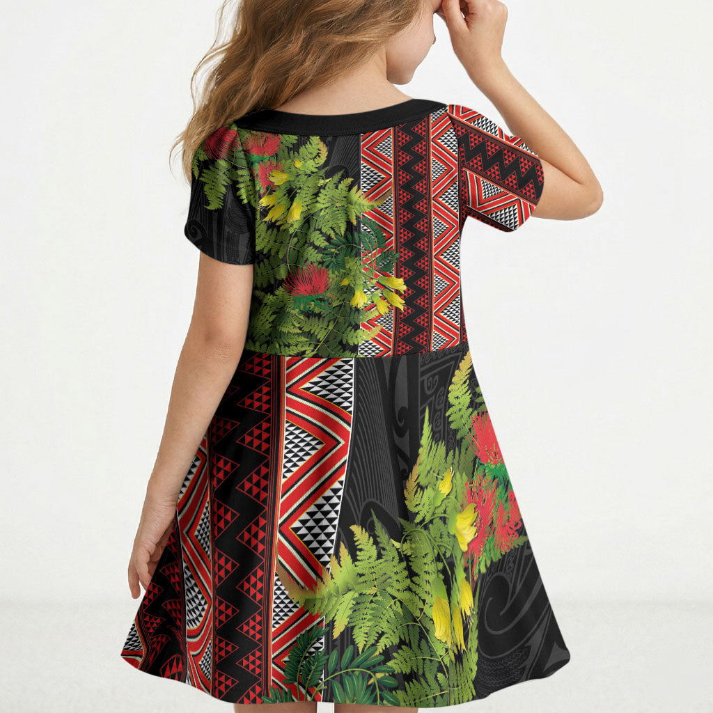 Maori Tukutuku Kid Short Sleeve Dress with Ferns Pohutukawa and Kowhai Tribal Moko Patterns