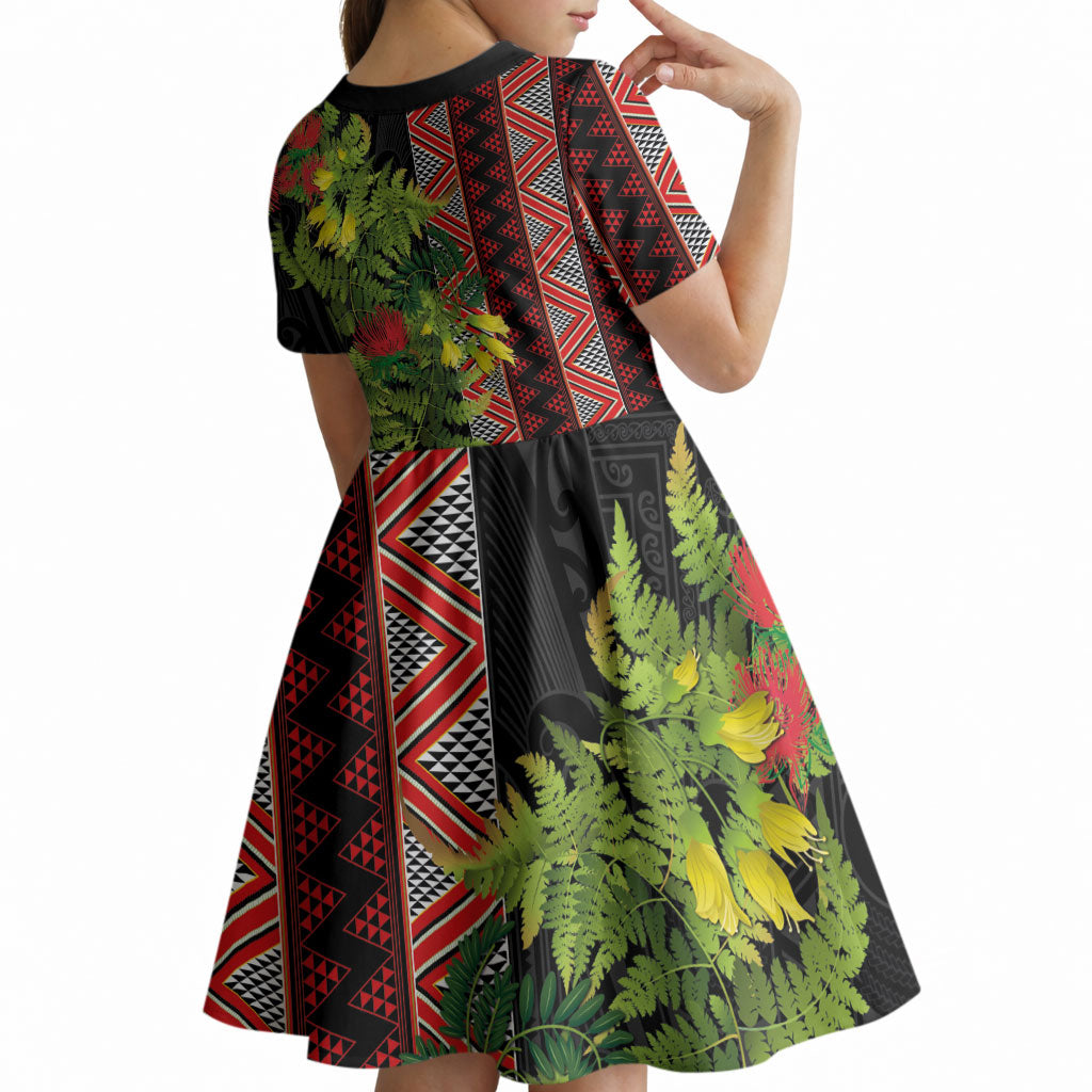 Maori Tukutuku Kid Short Sleeve Dress with Ferns Pohutukawa and Kowhai Tribal Moko Patterns