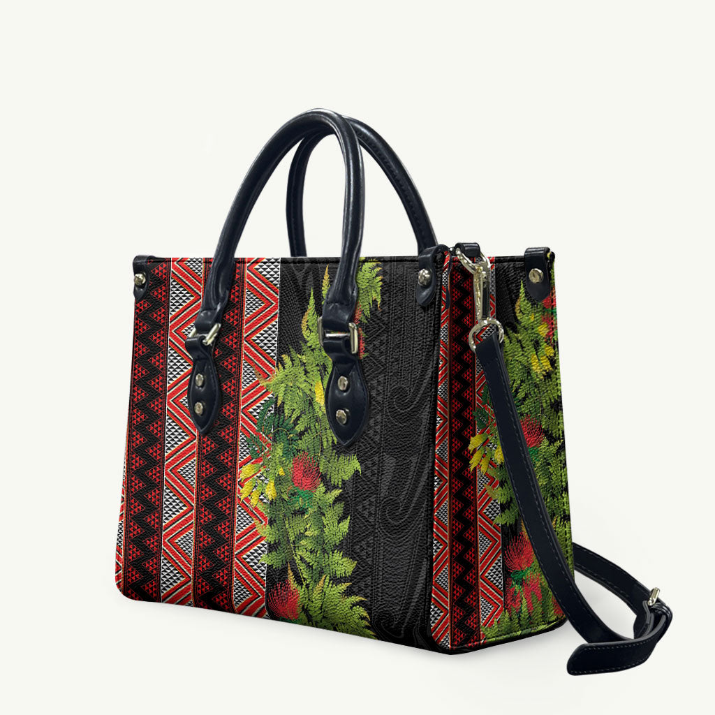 Maori Tukutuku Leather Bag with Ferns Pohutukawa and Kowhai Tribal Moko Patterns LT03 Multicolor - Polynesian Pride