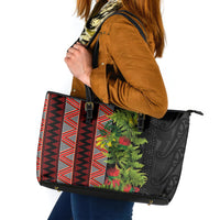 Maori Tukutuku Leather Tote Bag with Ferns Pohutukawa and Kowhai Tribal Moko Patterns