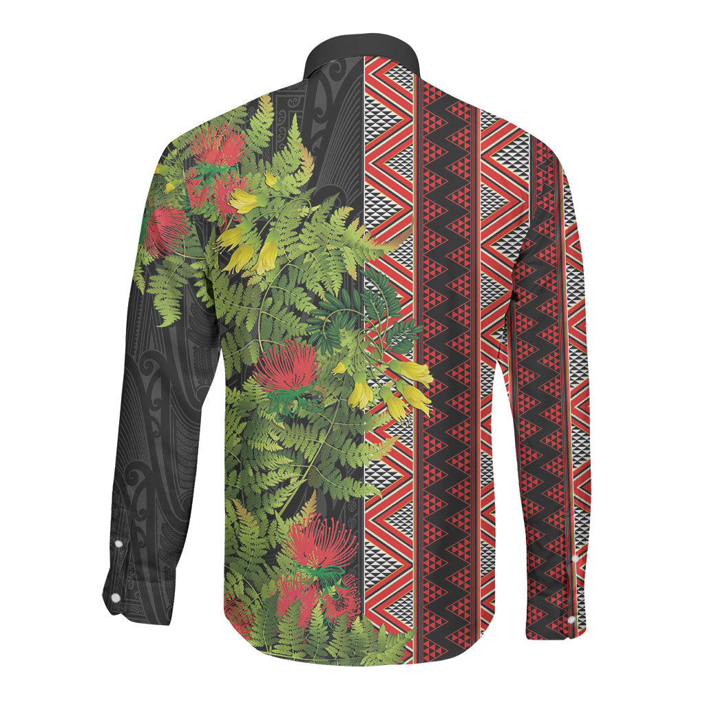 Maori Tukutuku Long Sleeve Button Shirt with Ferns Pohutukawa and Kowhai Tribal Moko Patterns