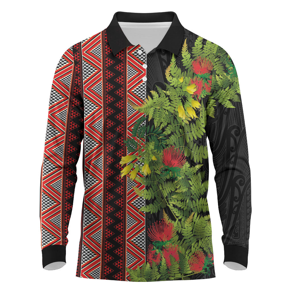 Maori Tukutuku Long Sleeve Polo Shirt with Ferns Pohutukawa and Kowhai Tribal Moko Patterns