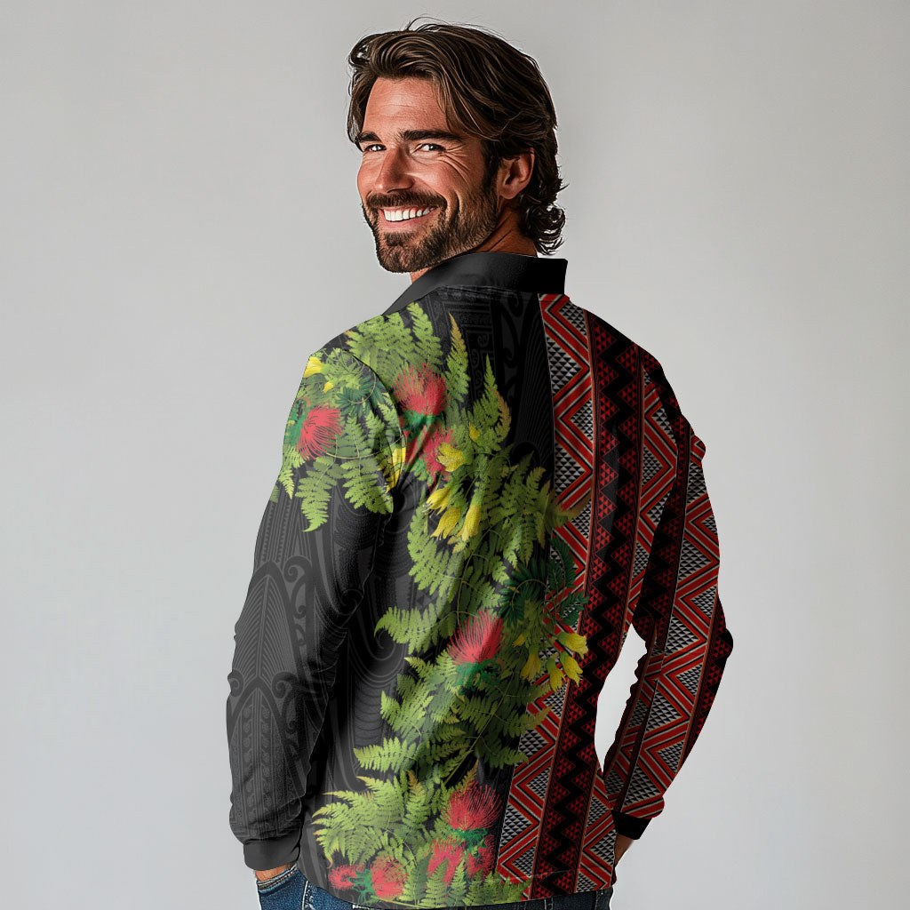 Maori Tukutuku Long Sleeve Polo Shirt with Ferns Pohutukawa and Kowhai Tribal Moko Patterns