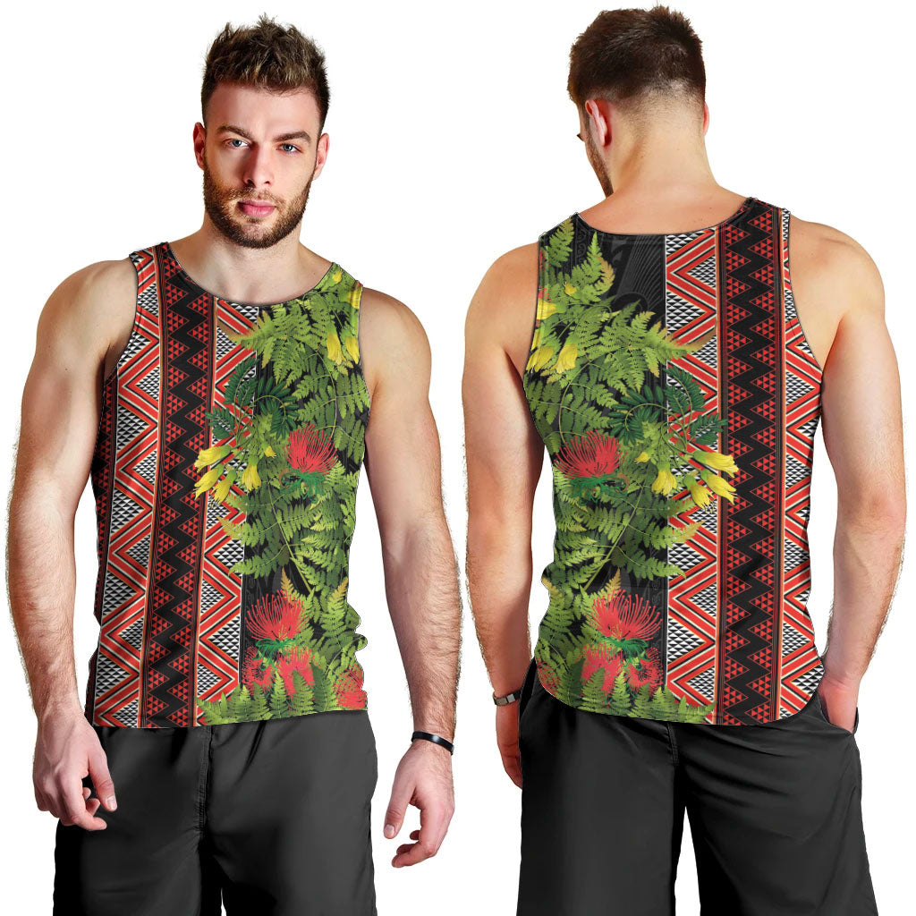Maori Tukutuku Men Tank Top with Ferns Pohutukawa and Kowhai Tribal Moko Patterns