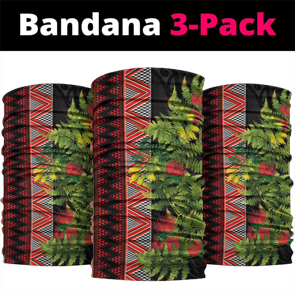 Maori Tukutuku Neck Gaiter with Ferns Pohutukawa and Kowhai Tribal Moko Patterns