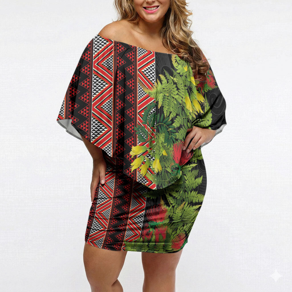 Maori Tukutuku Off Shoulder Short Dress with Ferns Pohutukawa and Kowhai Tribal Moko Patterns