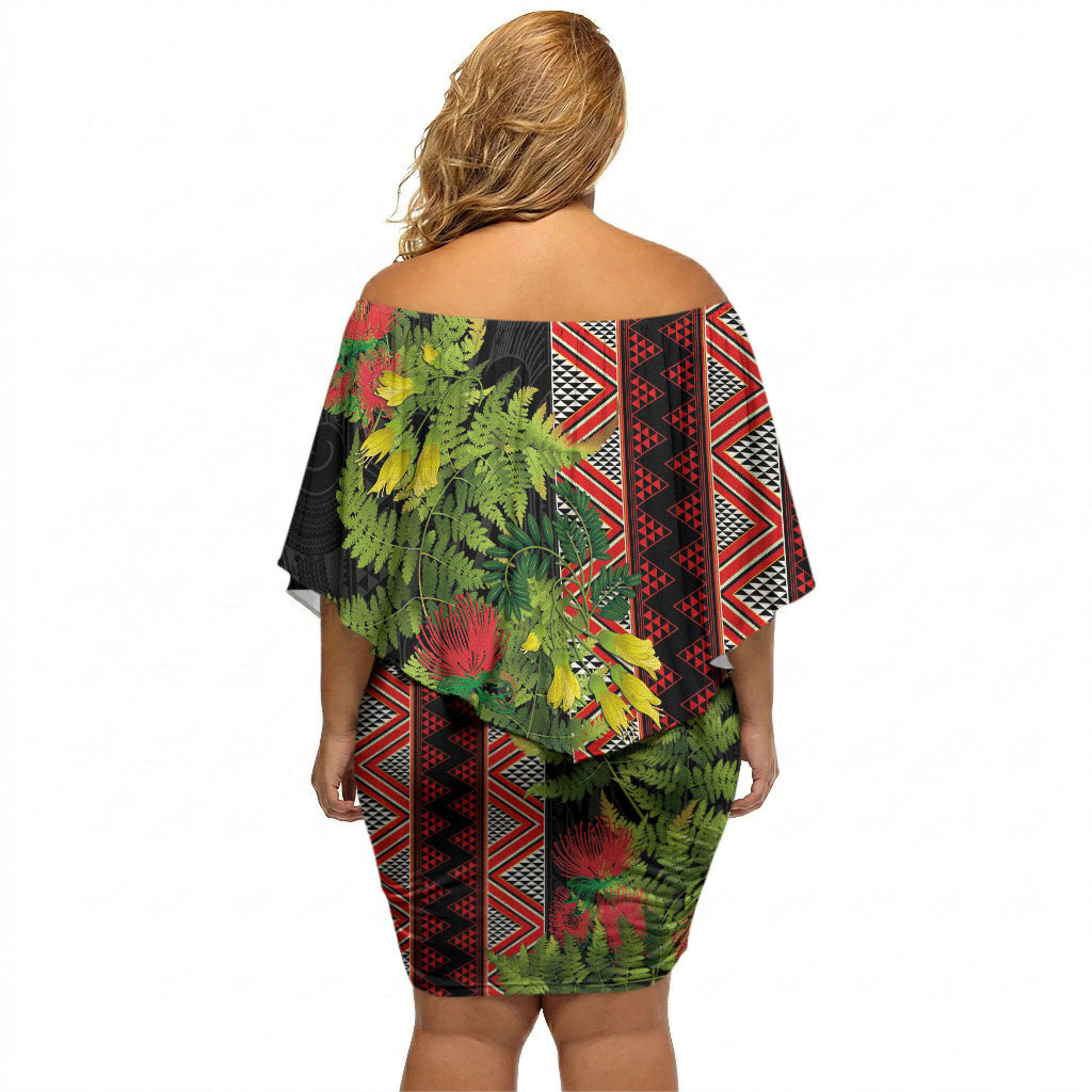 Maori Tukutuku Off Shoulder Short Dress with Ferns Pohutukawa and Kowhai Tribal Moko Patterns