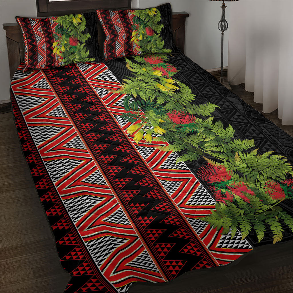 Maori Tukutuku Quilt Bed Set with Ferns Pohutukawa and Kowhai Tribal Moko Patterns