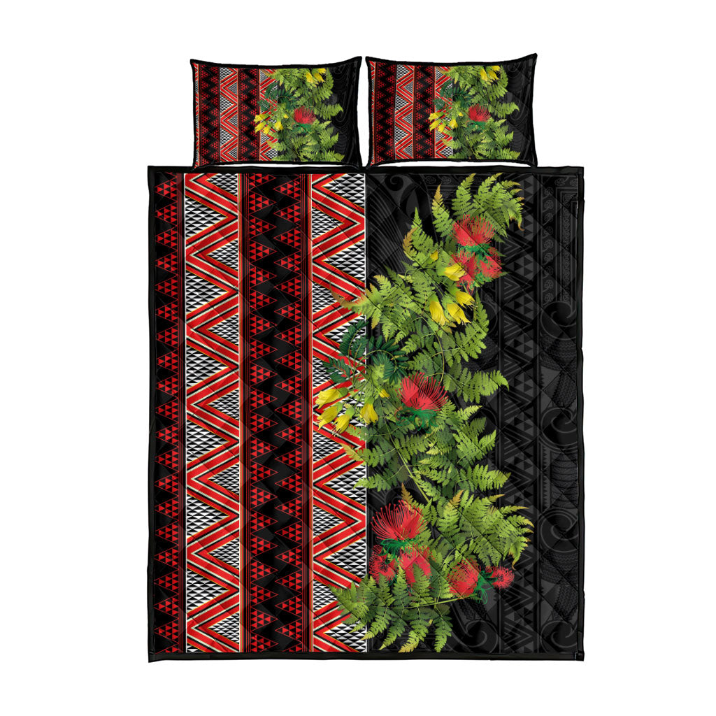 Maori Tukutuku Quilt Bed Set with Ferns Pohutukawa and Kowhai Tribal Moko Patterns