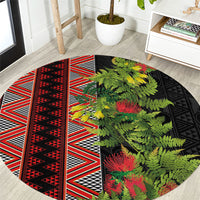 Maori Tukutuku Round Carpet with Ferns Pohutukawa and Kowhai Tribal Moko Patterns