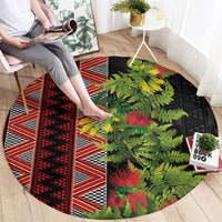 Maori Tukutuku Round Carpet with Ferns Pohutukawa and Kowhai Tribal Moko Patterns