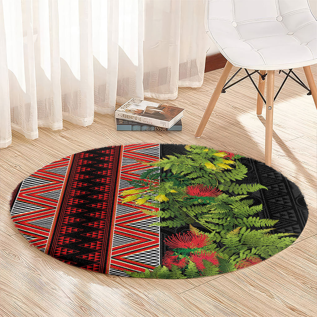 Maori Tukutuku Round Carpet with Ferns Pohutukawa and Kowhai Tribal Moko Patterns