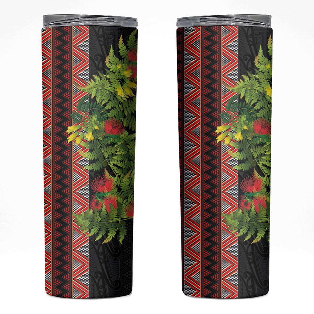 Maori Tukutuku Skinny Tumbler with Ferns Pohutukawa and Kowhai Tribal Moko Patterns