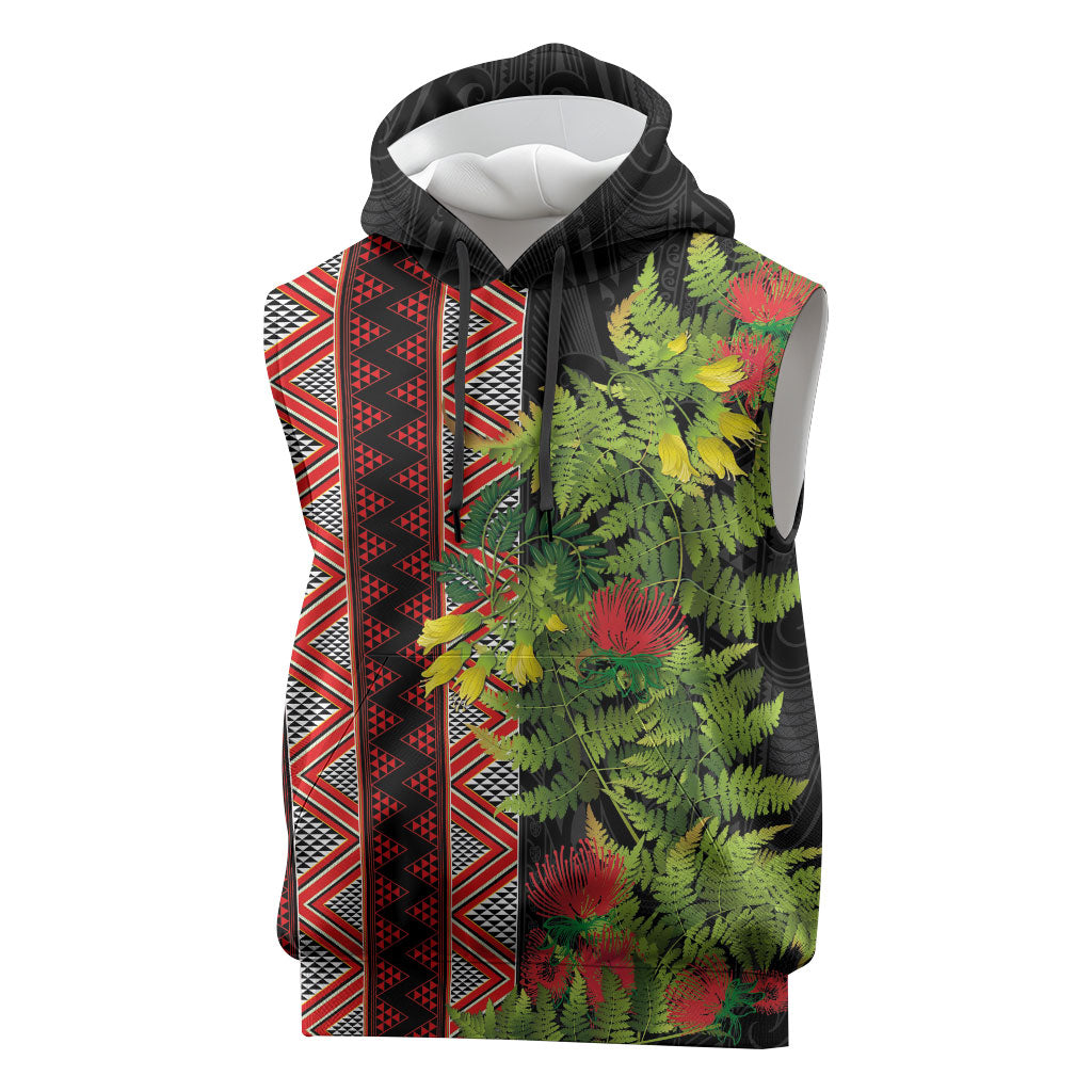 Maori Tukutuku Sleeveless Hoodie with Ferns Pohutukawa and Kowhai Tribal Moko Patterns