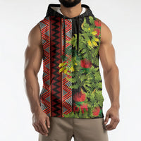 Maori Tukutuku Sleeveless Hoodie with Ferns Pohutukawa and Kowhai Tribal Moko Patterns