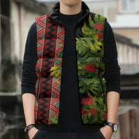 Maori Tukutuku Sleeveless Puffer Jacket with Ferns Pohutukawa and Kowhai Tribal Moko Patterns