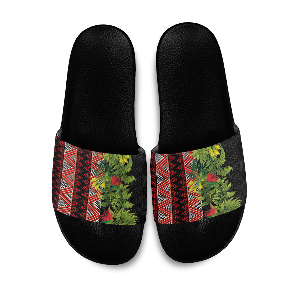 Maori Tukutuku Slide Sandals with Ferns Pohutukawa and Kowhai Tribal Moko Patterns