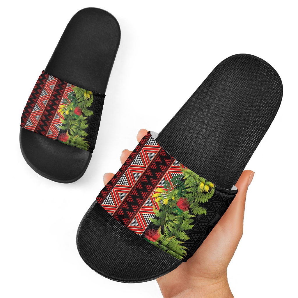 Maori Tukutuku Slide Sandals with Ferns Pohutukawa and Kowhai Tribal Moko Patterns