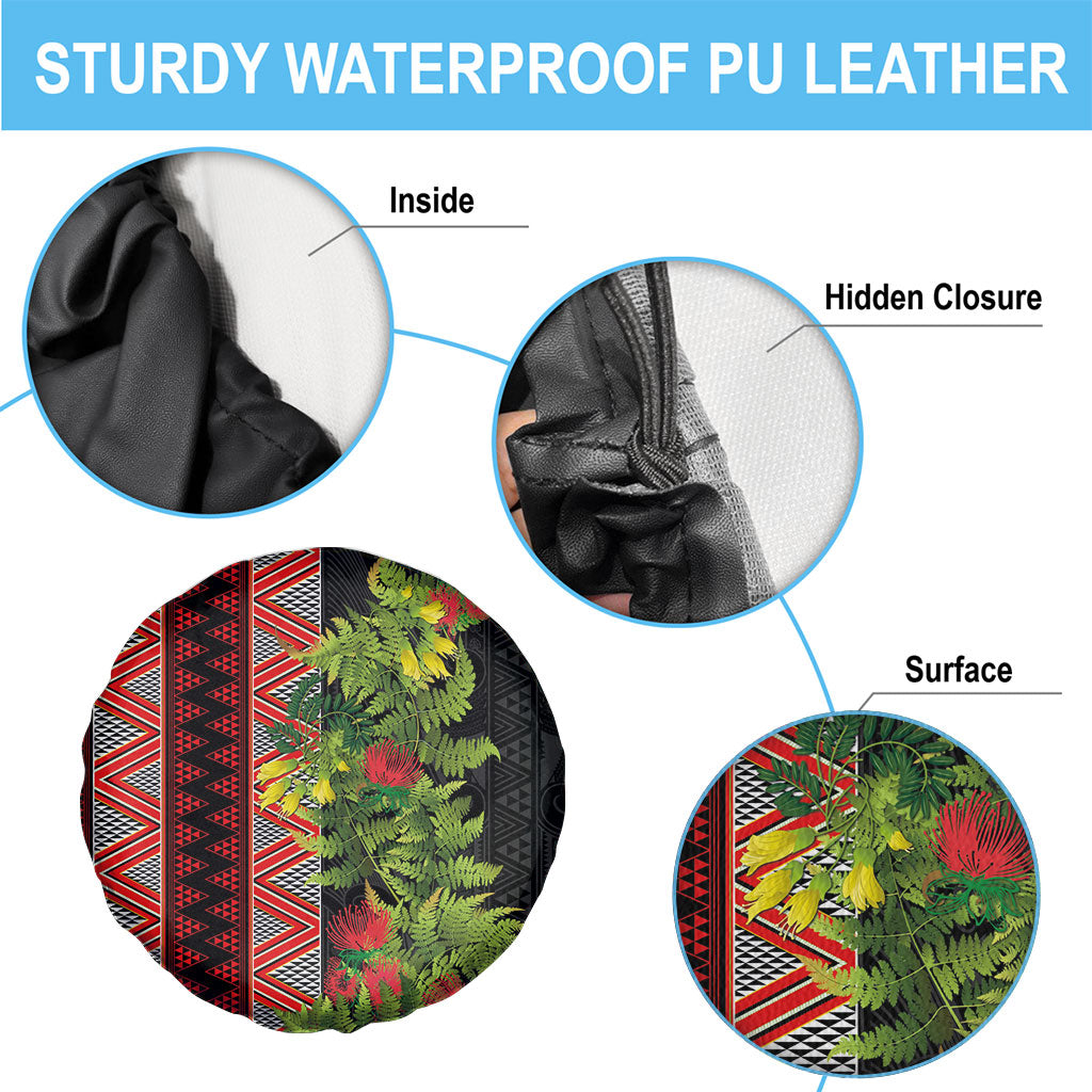 Maori Tukutuku Spare Tire Cover with Ferns Pohutukawa and Kowhai Tribal Moko Patterns