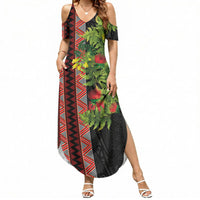 Maori Tukutuku Summer Maxi Dress with Ferns Pohutukawa and Kowhai Tribal Moko Patterns