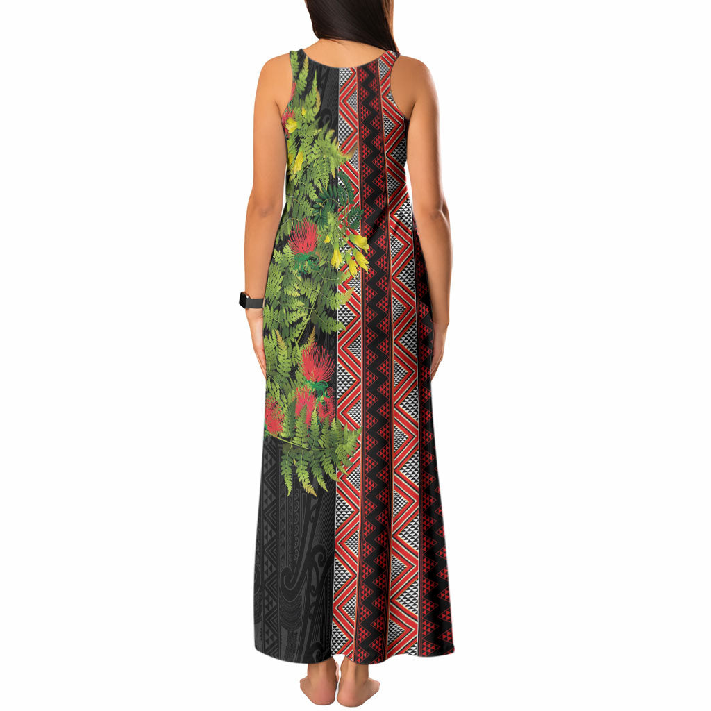Maori Tukutuku Tank Maxi Dress with Ferns Pohutukawa and Kowhai Tribal Moko Patterns
